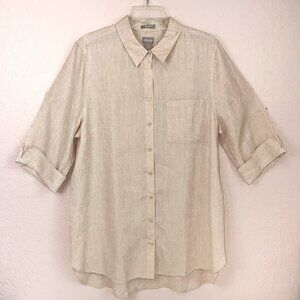 Chico's No Iron 100% Linen 3/4 Sleeve Top Womens XL Sand Beige Button Up Coastal